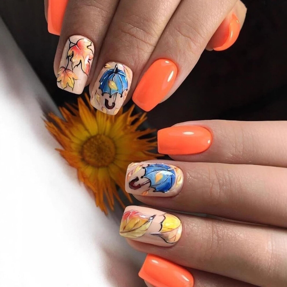 Maple Leaf Press on Nails Thanksgiving Fake Nails Coffin Shape Glossy Reusable Quick Manicure