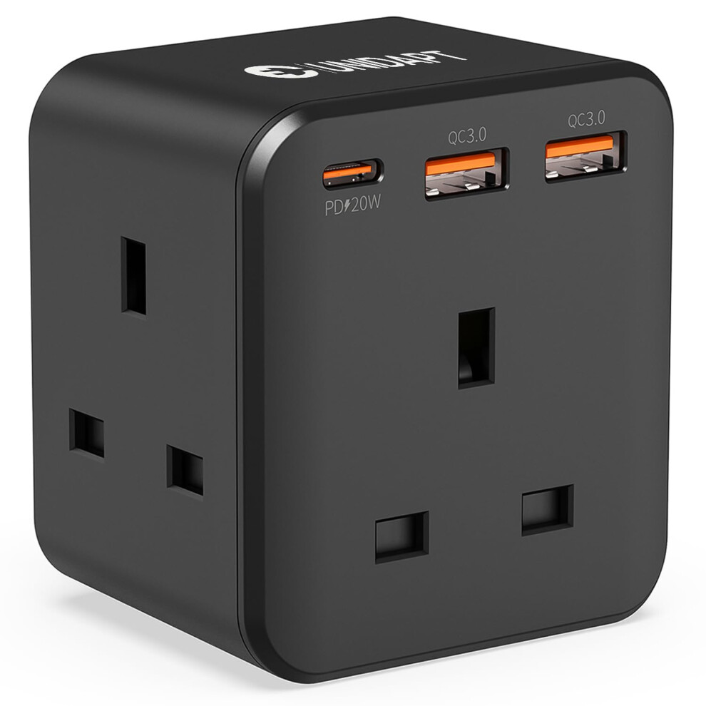 Unidapt 3 Way Plug Adaptor With 3 Fast Charge Ports, Multi Plug Extension With Pd 20W Usb-C (Black)