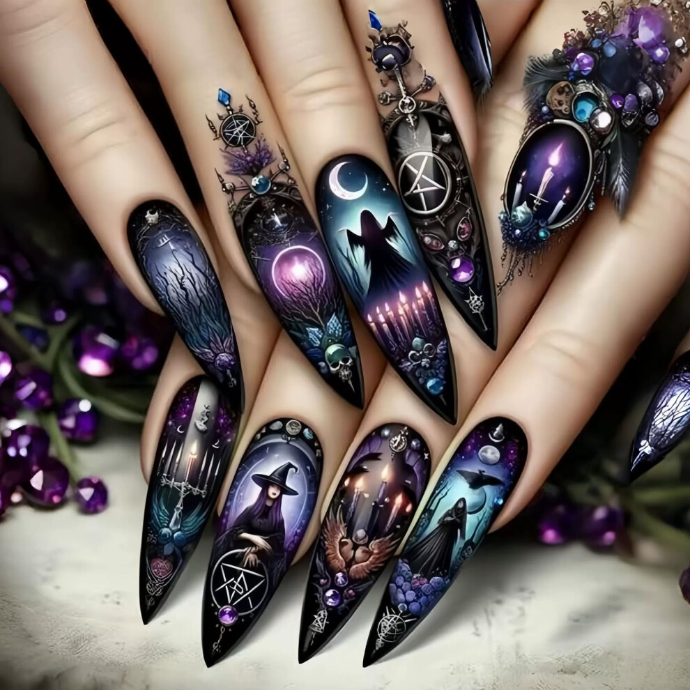 Black Halloween Press On Nails Stiletto Fake Nails With Ghost Bat Moon Design Reusable Acrylic 24Pcs