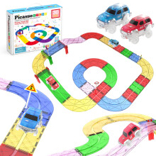 PicassoTiles Magnetic Race Track Toys Car Tracks Set for Toddlers Magnet Building Blocks Tiles Sensory Toys for Kids Include 2 Trucks STEM Engage in