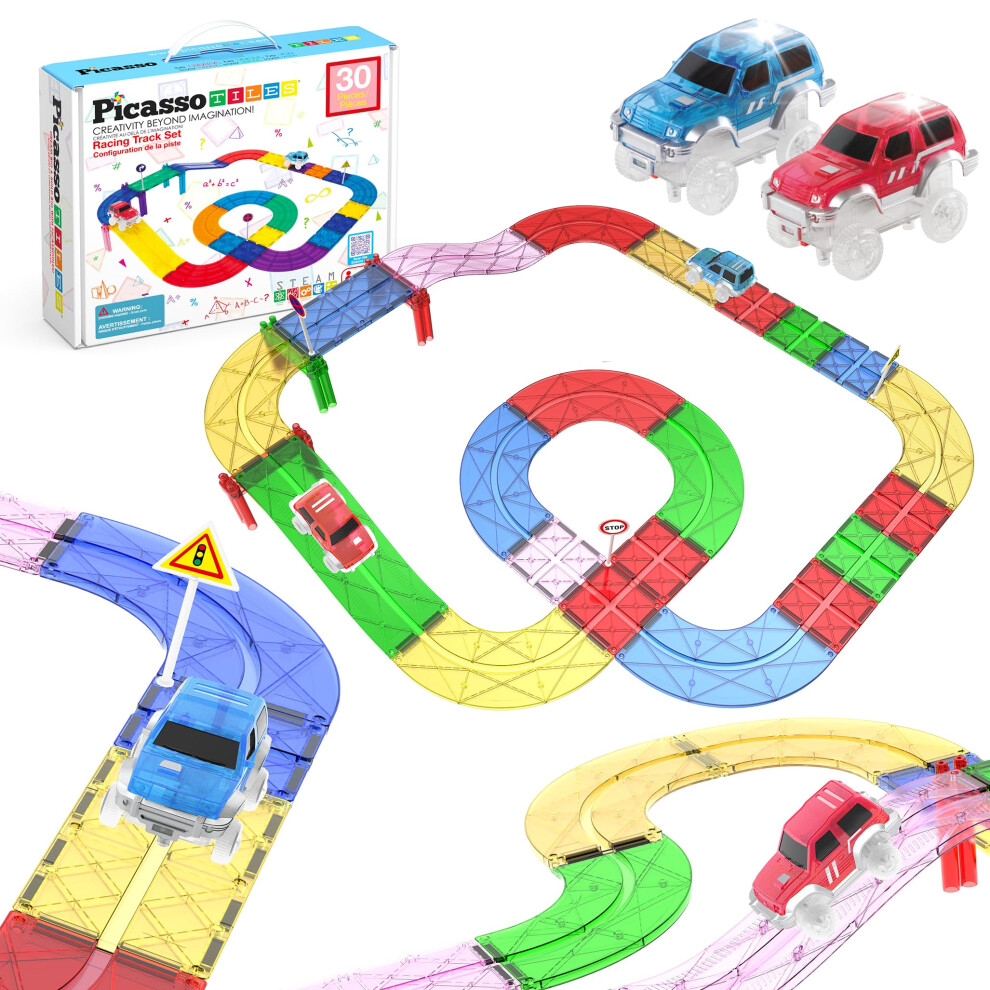 Picassotiles Magnetic Race Track Toys Car Tracks Set For Toddlers Magnet Building Blocks Tiles Sensory Toys For Kids Include 2 Trucks Stem Engage In