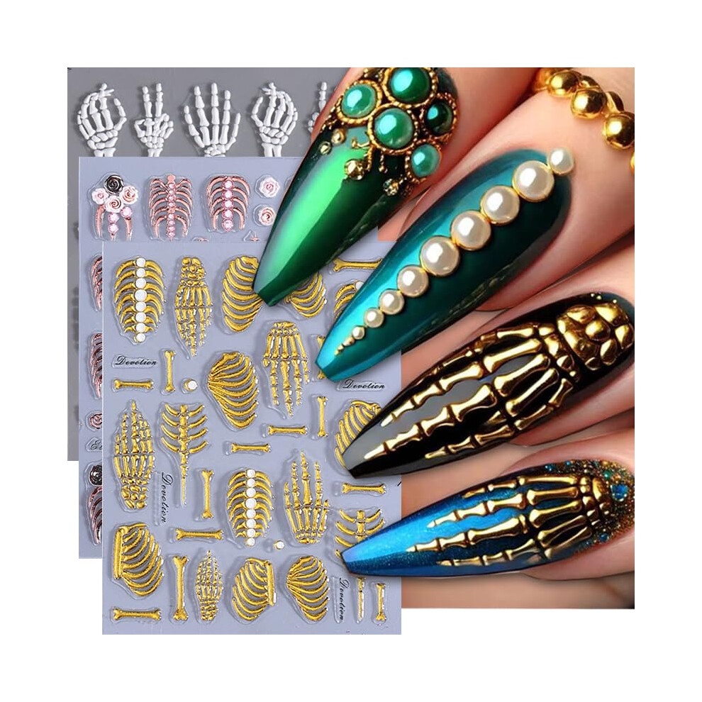 Halloween Nail Stickers 5D Skeleton Rose SelfAdhesive Decals White Pink Gold 3pcs for Nails