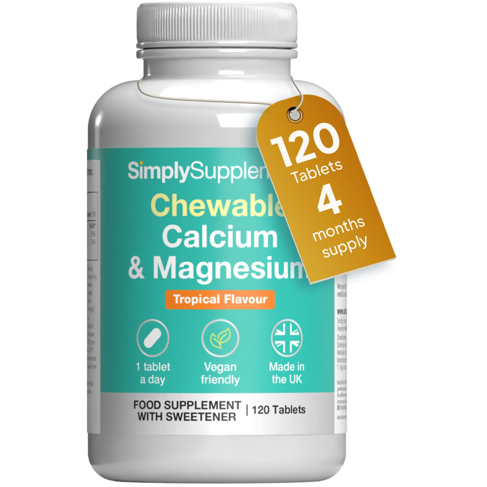 Simply Supplements Calcium & Magnesium Chewable Tablets | Supports Bone Strength, Muscle Function & Energy | Tasty Tropical Flavour | Vegan Friendly | 120 Tablets = 4
