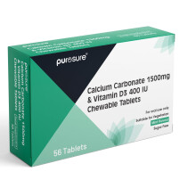 PUROSURE Calcium Carbonate 1500mg with Vitamin D3 400 IU ? Mint Flavour | 56 Chewable Tablets | Bone & Teeth Health Easy-to-Chew Calcium + D3
