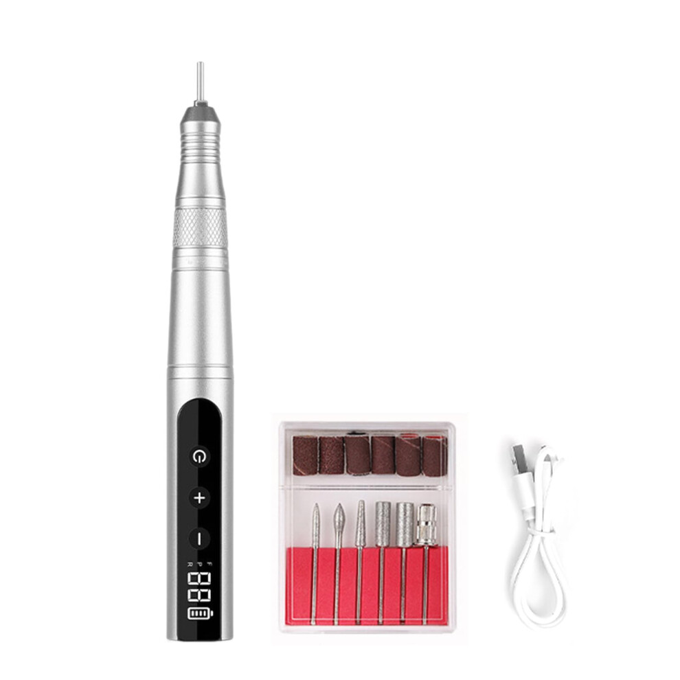 Silver Electric Nail Drill 35000Rpm Rechargeable Cordless Low Noise With Drill Bits For Manicure Pedicure