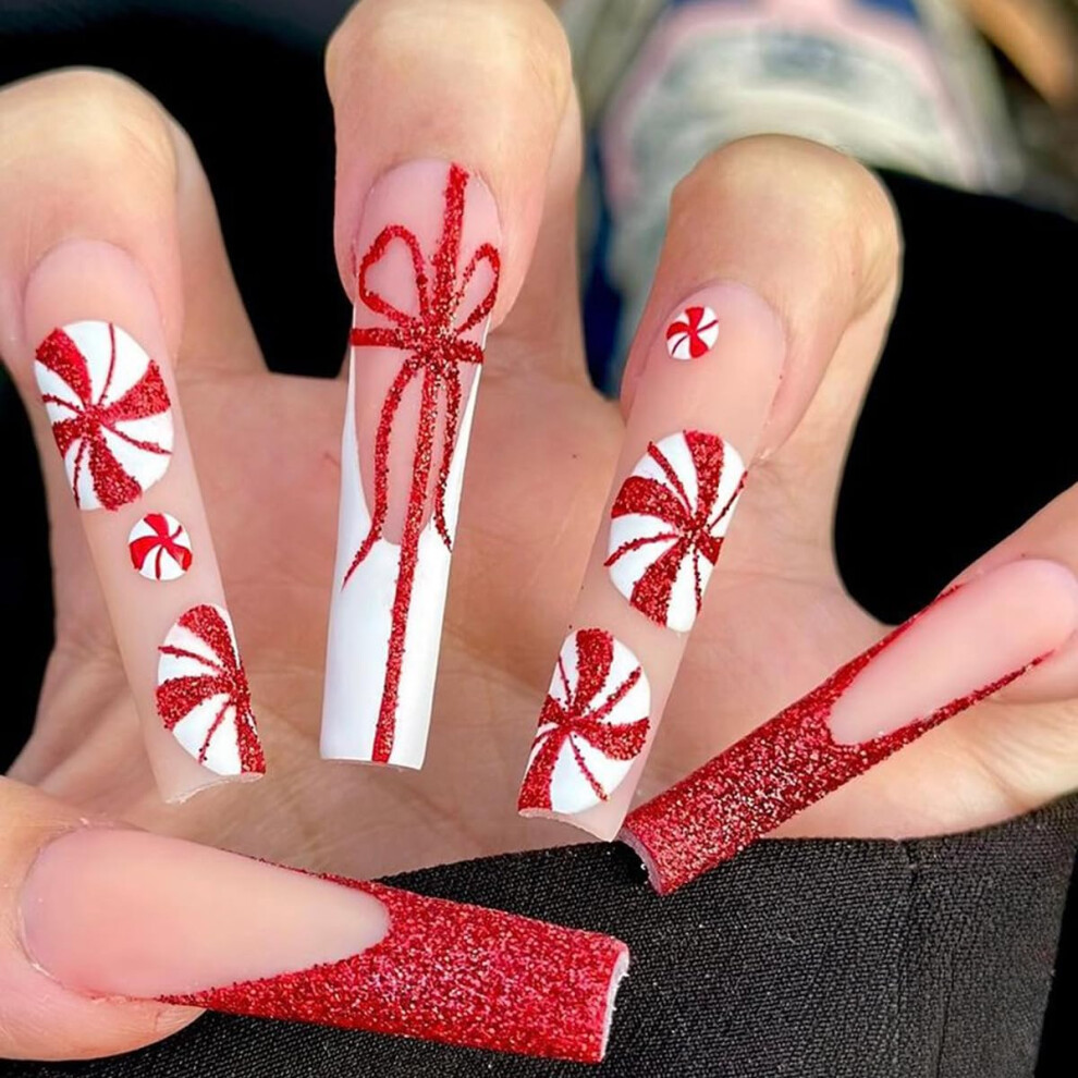 White,Red Christmas Press On Nails Long Square Fake Nails Red And White Candy Cane Design Reusable 24Pcs