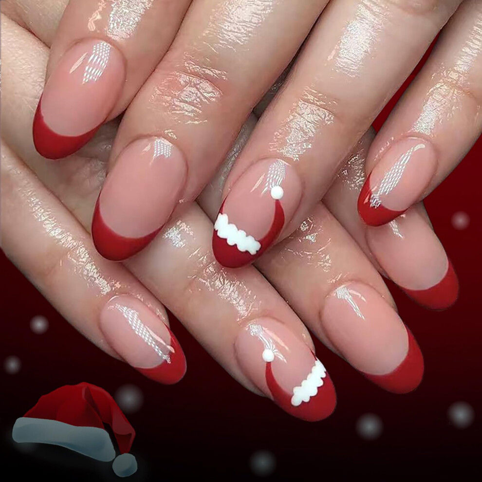 Christmas Almond Press On Nails Set Red French Tip Fake Nails Festive Reusable Holiday Nail Kit