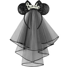 Bridal Ear Headband with Veil for Wedding, Bachelorette Party, Black for Minnie Mouse