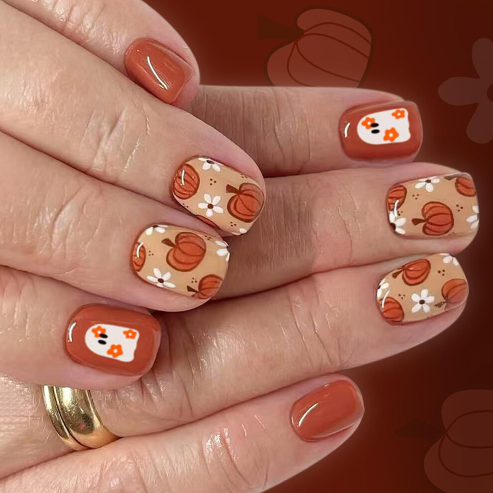 Halloween Press On Nails Glossy Short Square Shape with Pumpkin Flower Design 24Pcs Quick Apply