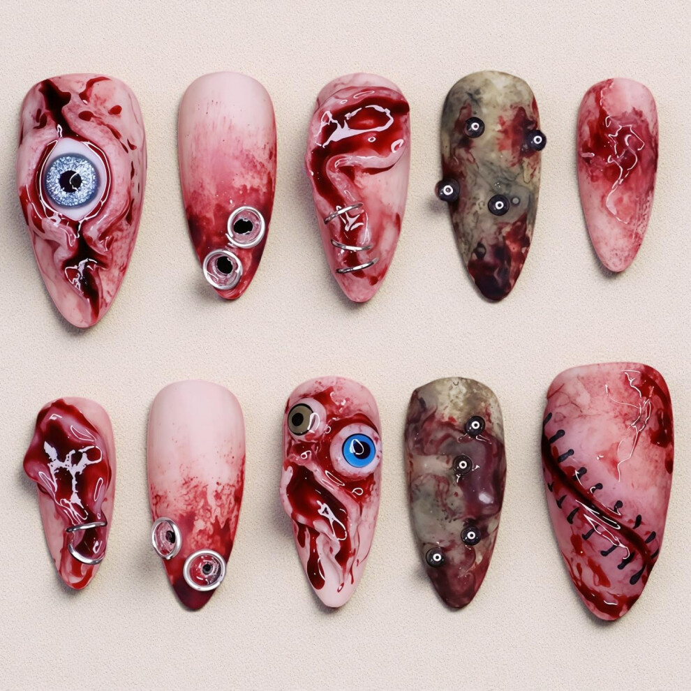 Red 24Pcs Halloween Bloody Press On Nails With Horror Eyeball Design, Acrylic False Nails