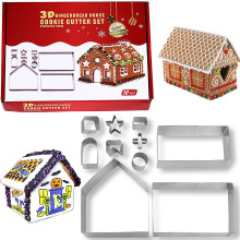 Christmas Cookie Cutter Set 3D Gingerbread House Stainless Steel Baking Moulds for Biscuits Cakes Pack of 10