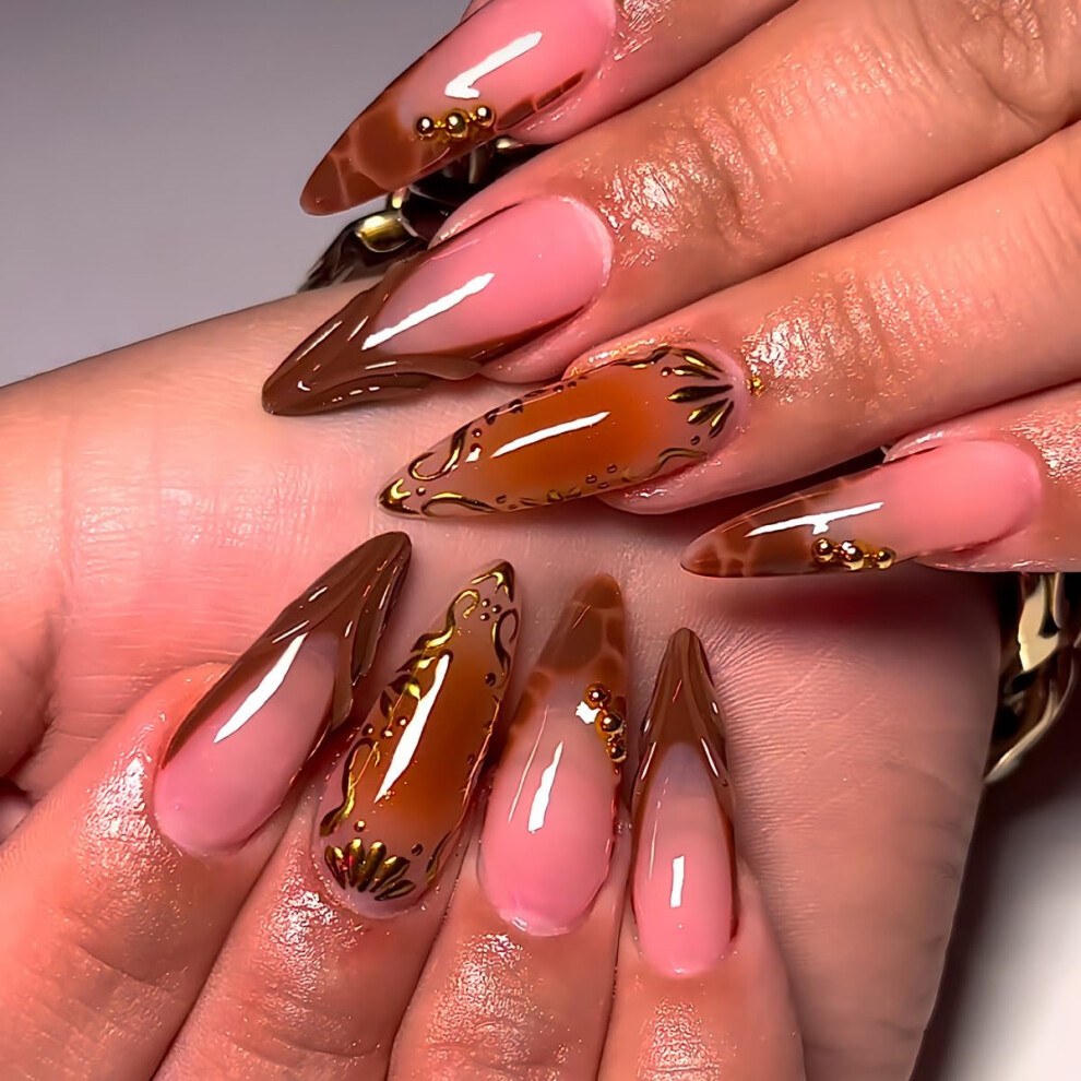 Long Stiletto Press On Nails Tortoiseshell French Tip Fake Nails with Gold Lines Reusable Set