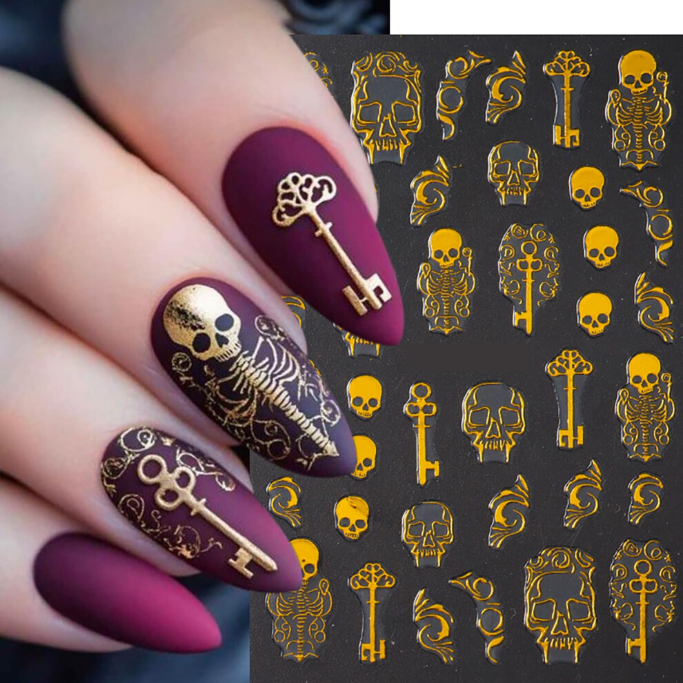 Gold Halloween Nail Stickers 3D Selfadhesive Skull Spider Web Ghost Decals 6Pcs For Diy Nails