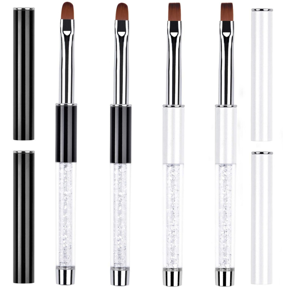 4PCS Professional Nail Art Brush Set with Rhinestone Handle, Oval and Flat UV Gel Brushes for Acrylic Nails