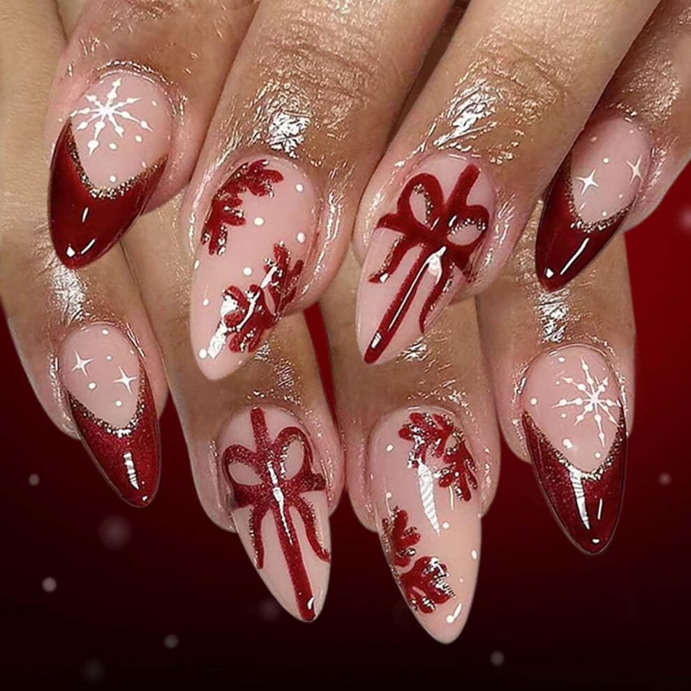 Christmas Press On Nails Almond Shape Snowflake French Tip Glossy Full Cover False Nails 24pcs