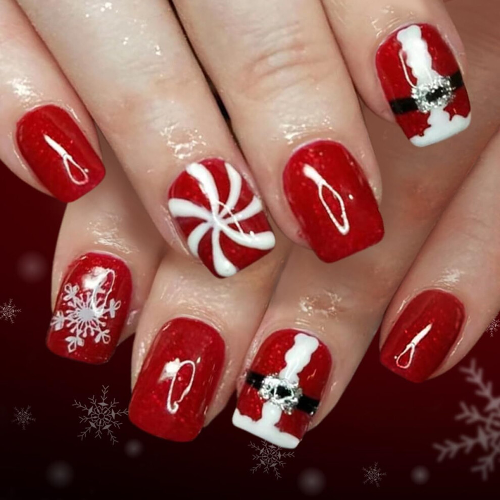 Red Christmas Press On Nails Short Square Snowflake Santa Claus Full Cover Acrylic Nail Kit