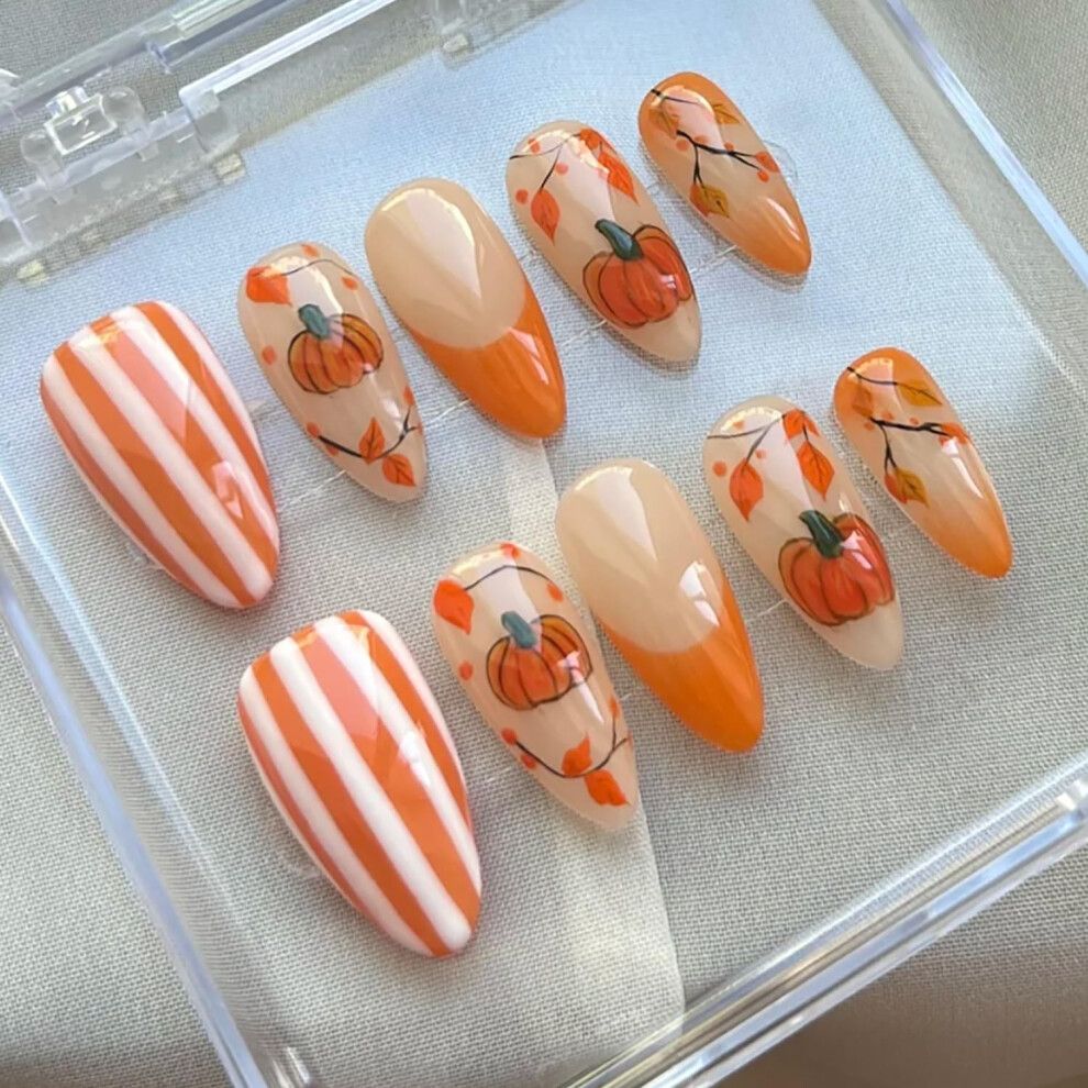 Thanksgiving Press On Nails 30pcs Autumn Leaves Pumpkin French Tip Fake Nails for Women