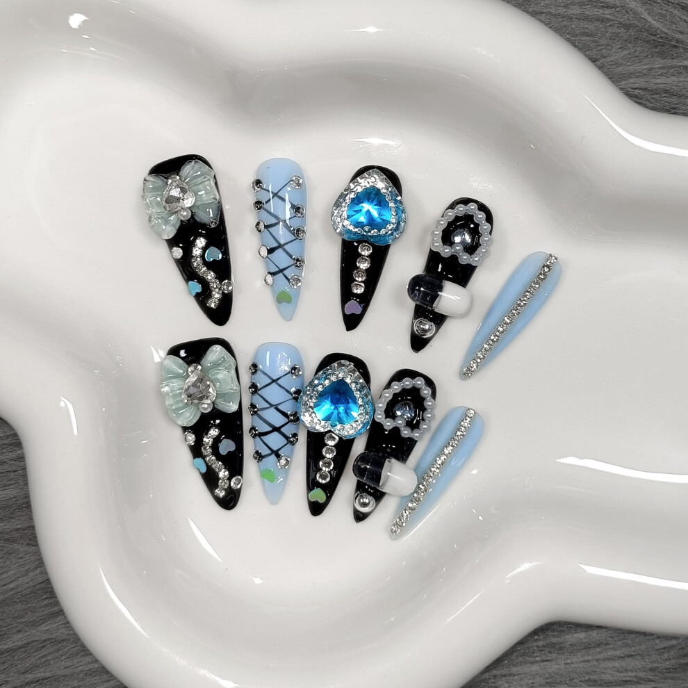 Blue Stiletto Press On Nails With Gothic Y2k Charms, Reusable Handmade False Nails Set Xs