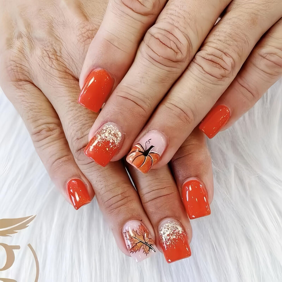 Fall Press On Nails Pumpkin and Maple Leaf Design, Thanksgiving Fake Nails Set for Women Girls 24Pcs