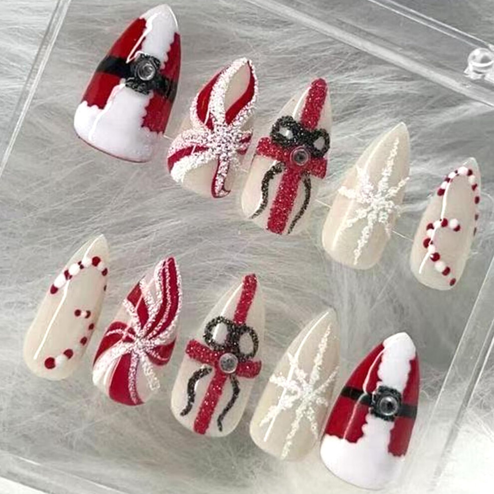 White,Red Christmas Press On Nails 30Pcs Red And White Almond Fake Nails With Rhinestones For Winter Party
