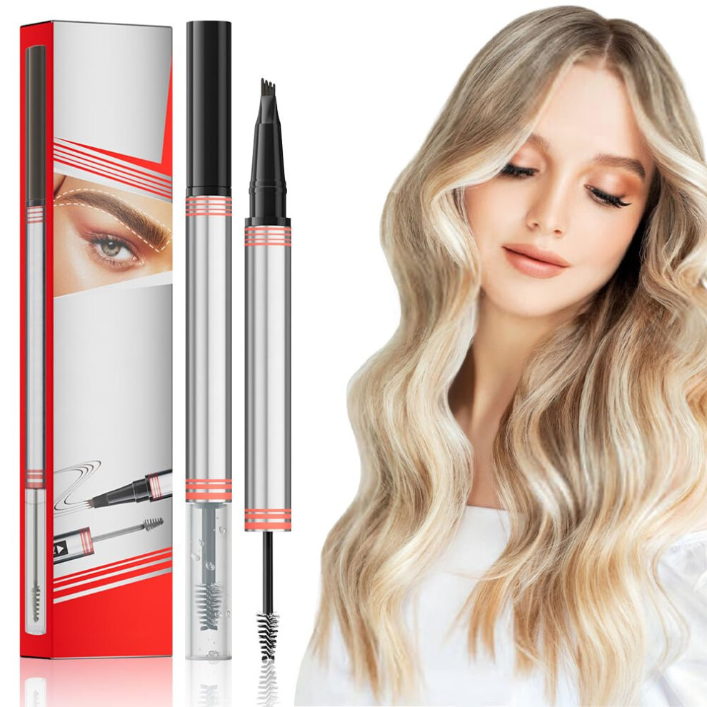 Black Waterproof Eyebrow Pencil And Microblading Pen, Dualended 4 Tip Brow Pencil With Brush
