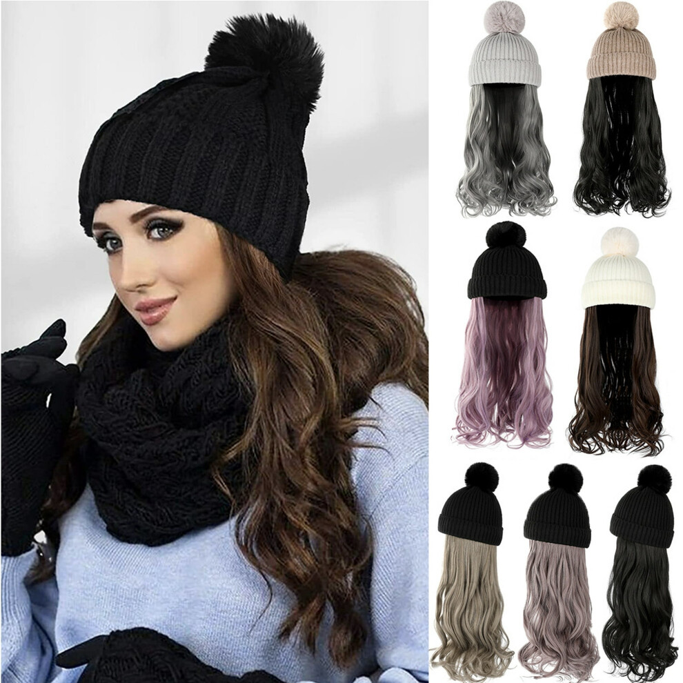 Unisex Beanie Hat Knit With Long Wavy Curly Hair Extensions Wig Dismountable Warm Knitted Pom Cap Attached 20Inch Synthetic Hairpiece For Women Winter