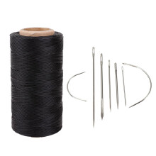 Flache Wachsdrahtspule 260 m für Leder, DIY-Leder, Schwarz & 7 Reparatur-Nähnadeln, gebogener Einfädler für Leder, Canvas, Edelstahl, Silber