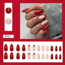 Elegante, mandelförmige, rote Press-On-Nägel mit funkelnden Strasssteinen – glänzendes Finish, mittellang für Braut- und festliche Looks