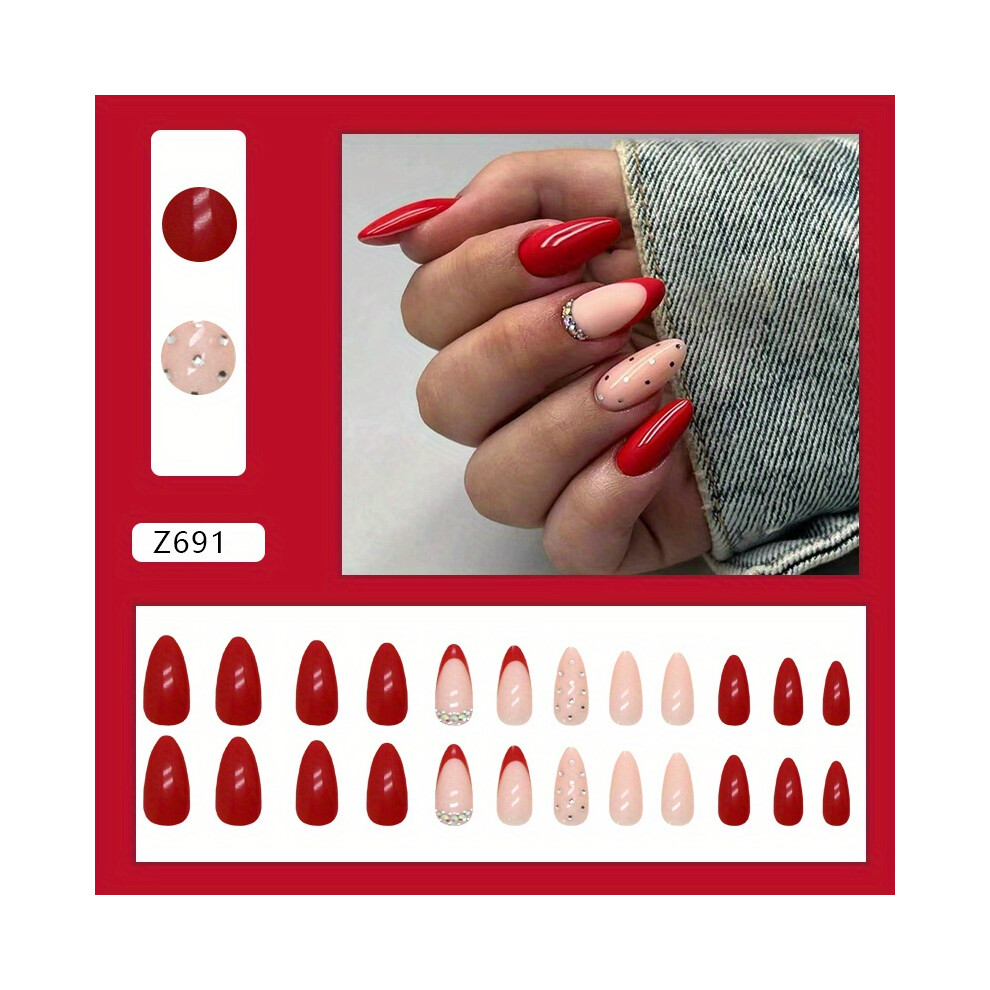 Red Chic Almond-Shaped Press-On Nails With Sparkling Rhinestones - Glossy Finish, Medium Length For Bridal & Festive Looks