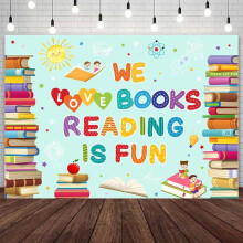Fondo para el Día de la Lectura de 2,1 x 1,5 m - ¡Nos encantan los libros, leer es divertido! Perfecto para niños, estudiantes, aulas, bibliotecas