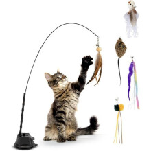 Juego de juguetes para gatos Lollanda de 7 piezas con caña de pescar, ventosa y plumas - Juguete ecológico para gatos de interior.