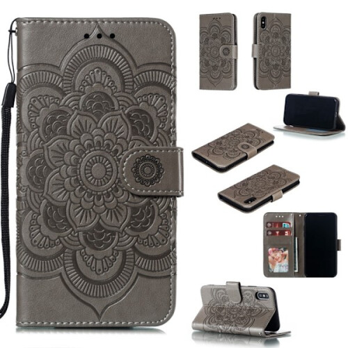 Compatible with iPhone X/Xs - Mandala Leather Case - Grey Grey