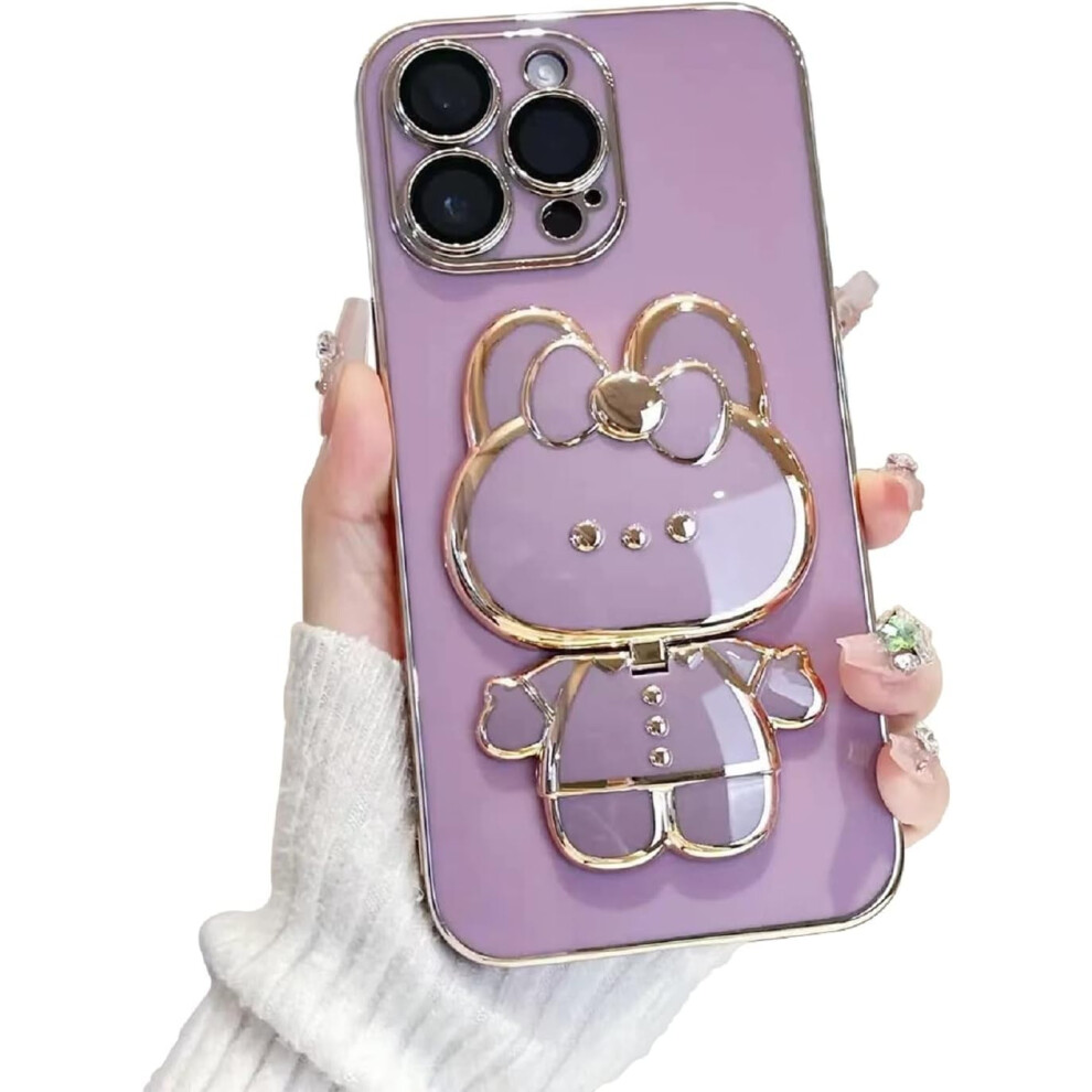 Cute Bunny Hidden Stand Case For Iphone 12, Soft Tpu Shockproof 3D Mirror Rabbit Bracket With Camera Protection - Purple 9395123868493