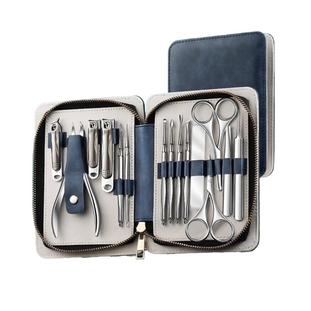 Manicure Set with Multi Size Nail Clippers, 15 Piece Stainless Steel Pedicure Kit in Blue Compact Case