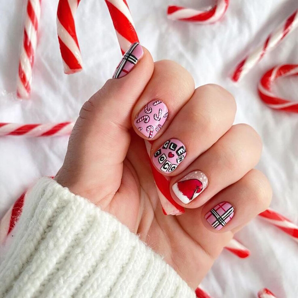 Christmas Short Square Press On Nails with Festive Designs Candy Cane Snowflake Reusable 24pcs
