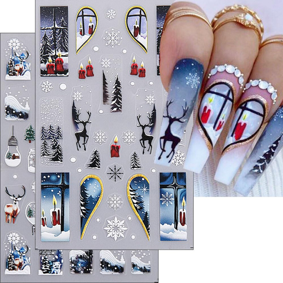 Christmas Nail Stickers 3D SelfAdhesive Snowflake and Tree Nail Art Decals for Holiday Manicure 2Pcs