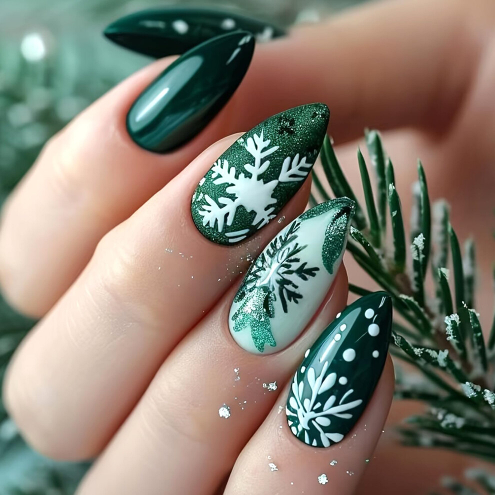 Christmas Almond Press On Nails with Glue, Snowflake Glitter Medium Fake Nail Set 24Pcs