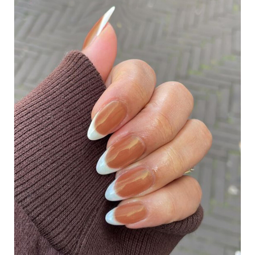 Brown French Tip Press On Nails Almond Shape Glossy Reusable Medium Length Fake Nails 30Pcs