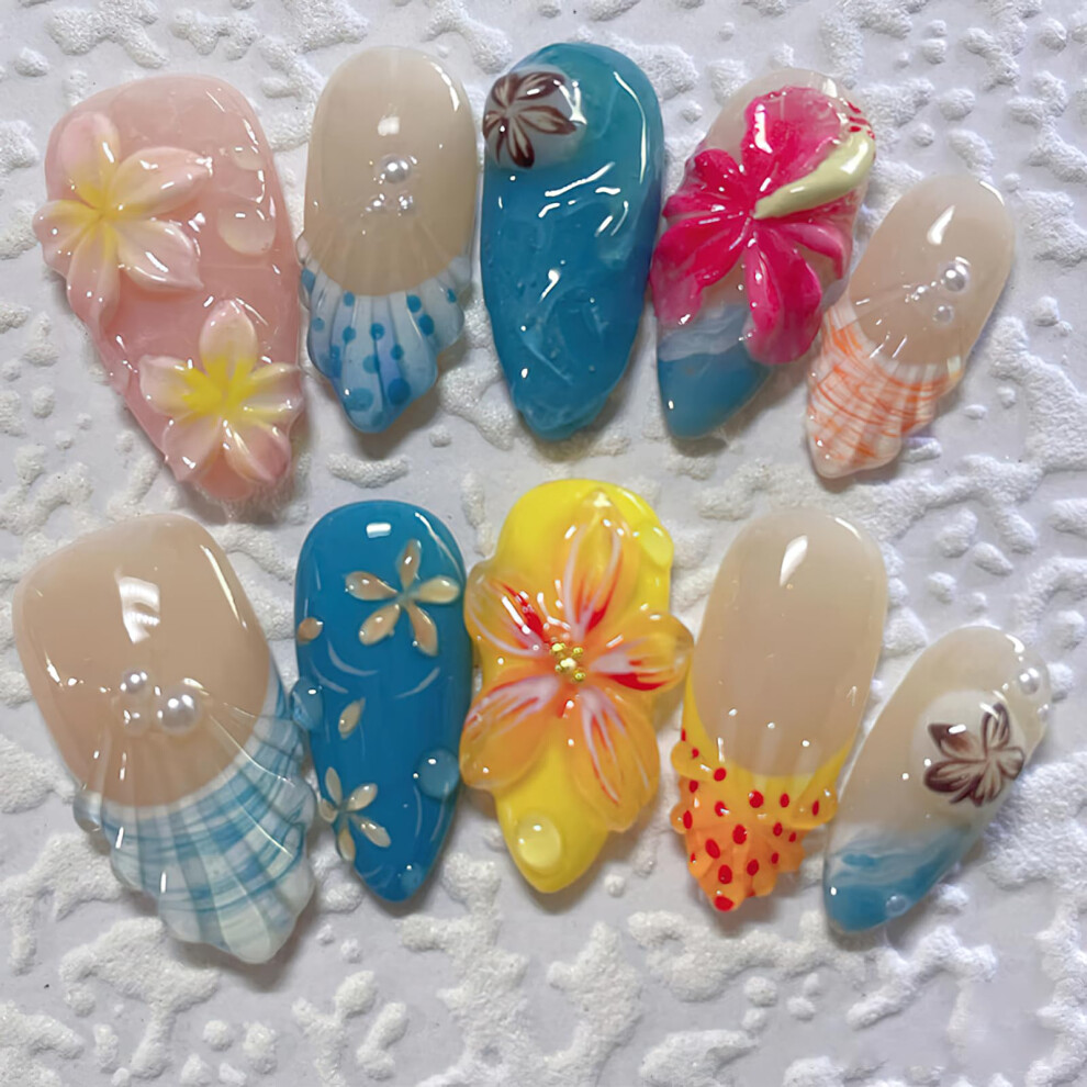Medium Almond Press on Nails with 3D Floral French Tips, Reusable Acrylic Fake Nails 30PCS