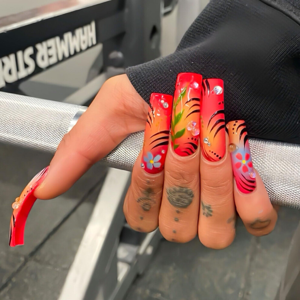 Long Curved Press On Nails Ombre Fake Nails with Rhinestones Reusable Acrylic Nail Set 20Pcs