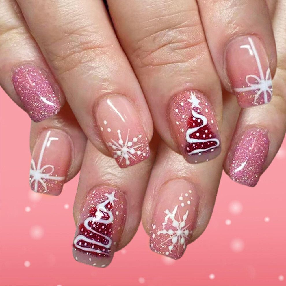Christmas Press On Nails Pink Glitter Square Fake Nails with Snowflake Bow Design 24 Pcs Reusable