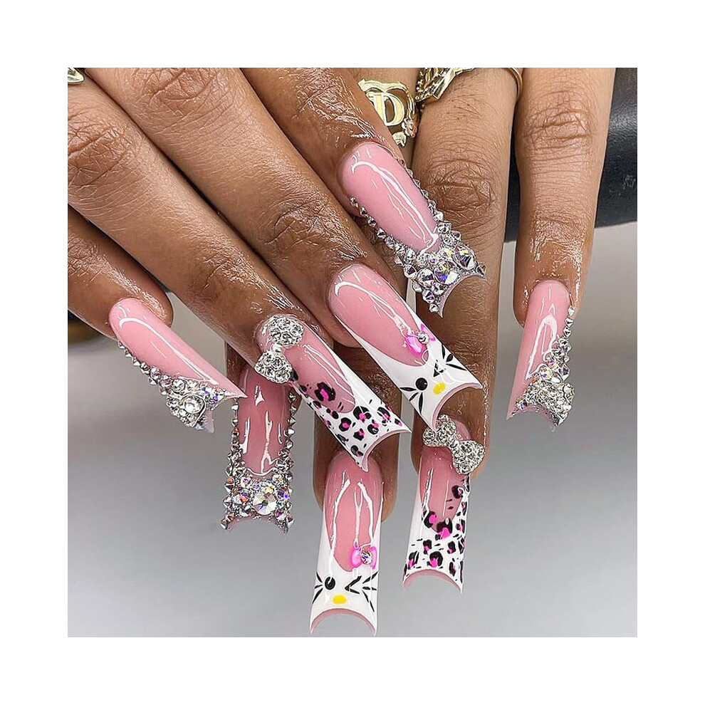 Pink Press On Nails Medium Long Leopard Coffin Fake Nails With 3D Rhinestones 24Pcs For Women