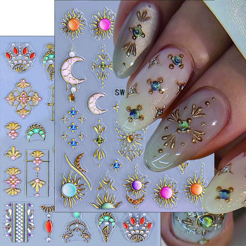 Bohemian Sun Moon Nail Art Stickers 5D SelfAdhesive Embossed Decals for Acrylic Nails Women