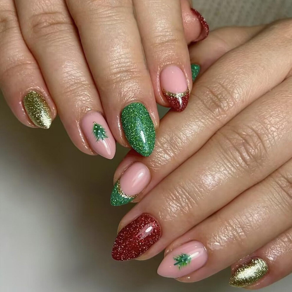 Christmas Almond Press On Nails Set Green and Red Glitter French Tip False Nails with Glue