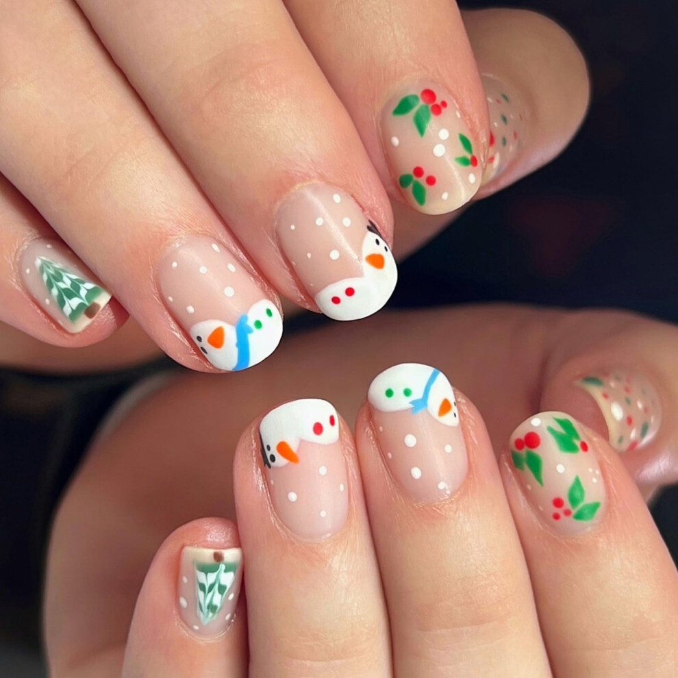 Christmas Snowman Press On Nails Short Square Holiday Fake Nails Set Reusable Acrylic 24Pcs