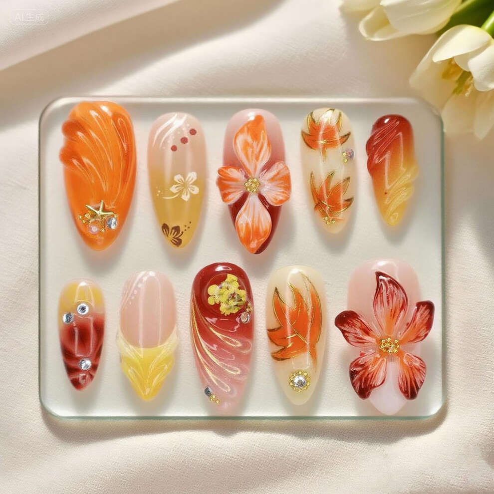 Medium Almond Press On Nails French Tip Fake Nails with 3D Maple Leaf Rhinestones 30Pcs Reusable