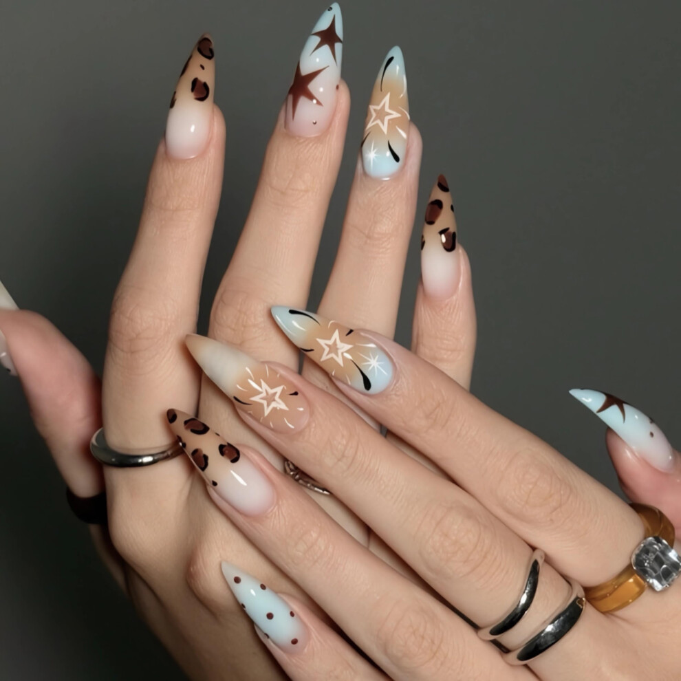 Brown Press On Nails Long Stiletto Fake Nails Cheetah French Tip Glossy Fall Manicure 24Pcs