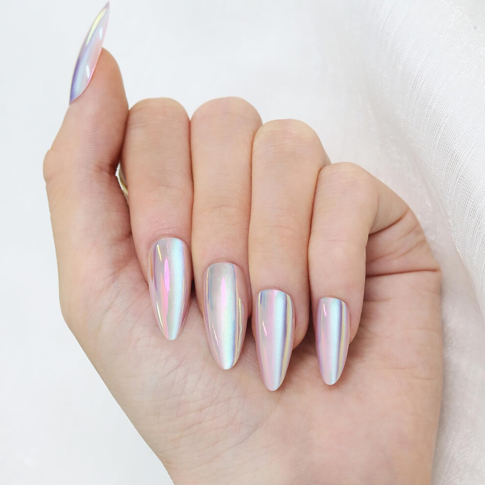 White Cat Eye Press On Nails Chrome Aurora Almond Medium Set, Reusable False Nails Kit 30Pcs