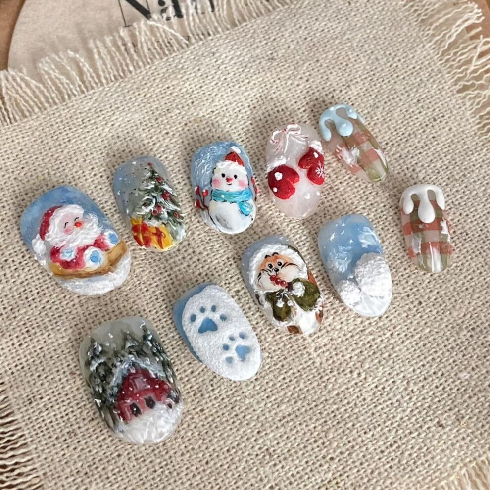 24Pcs Christmas Almond Short Press On Nails Santa Claus Snowman Design Holiday Fake Nails Set