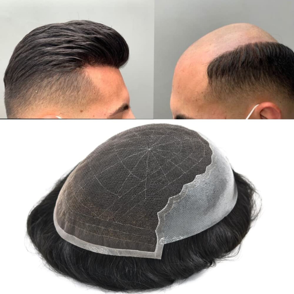 Unisex Black Mens Lace Front Toupee Jet Remy Human Hairpiece 8X10 Natural Hairline 120% Density